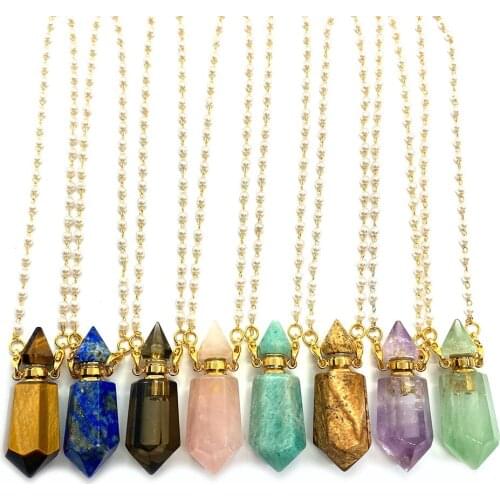 Natural Stone Perfume Bottle Amethyst Fashion Lady Pendant Necklace Quartz Fluorite Essential Oil Diffuser Pendant Accessory