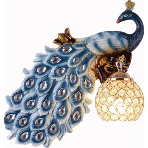 Art Resin Blue Peacock Crystal Wall Lamp Hotel Bedroom Corridor Living Room Study Villa Bedside Stairs Creative Wall Lights