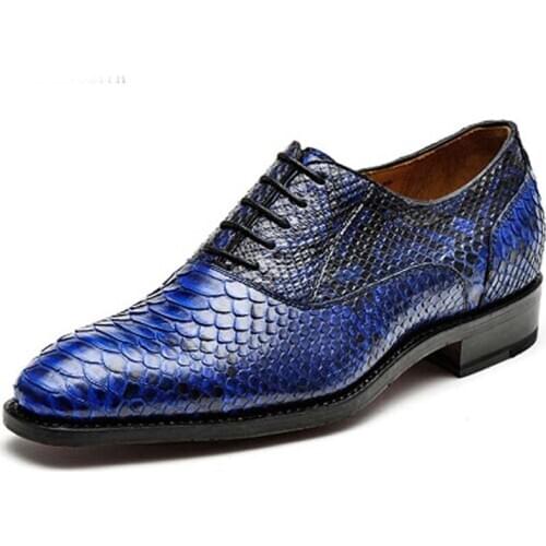 Hubu Italy import python skin manual custom snake leather shoes fashion Mens shoes blue lace-up men shoes