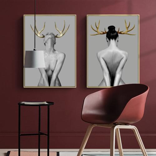 Nordic Antlers girls Figuars wall art Canvas Painting Prints Posters Black White Nude art Pictures for Living Room Morden Decor