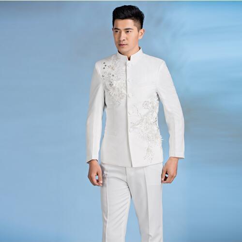 Chinese tunic suit mens costume male paillette embroidery formal dress mens sequins suits stand collar singer stage black white