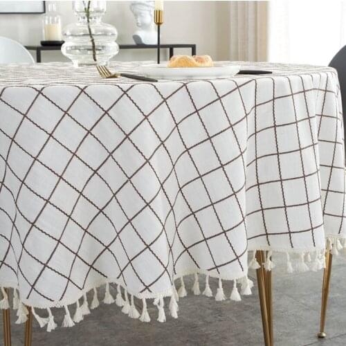 Christmas Round Tablecloth for Home Party White Cotton Linen Jacquard Plaid Tassels Hotel Wedding Table cloth Washable Not Fade