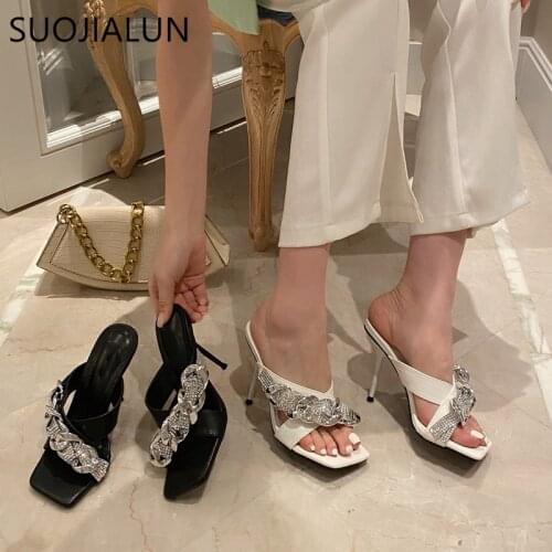 SUOJIALUN Summer Women High Heels 10CM Slippers Fashion Crystal Chain Sandal Shoes Ladies Peep Toe Mules Slides Flip Flops