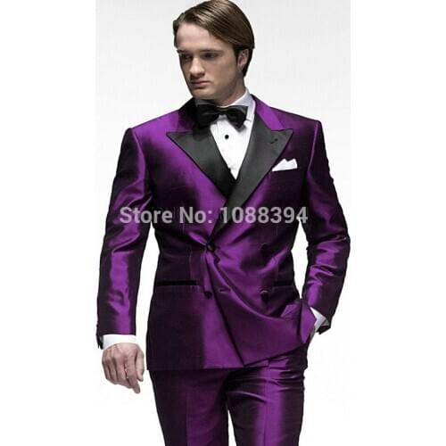 2017 Best Selling Purple Satin Prom Tuxedos For Men High Quality Double Breasted Suit Groom Men Wedding Suit (Jacket+Pants+Bow)