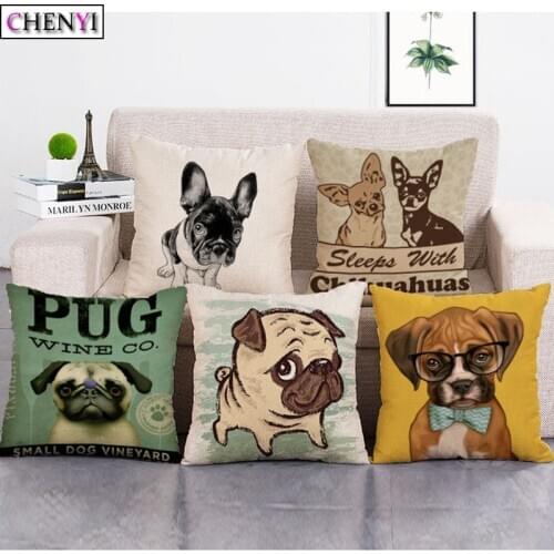 Animal Cute Dog Pug Print Linen Cushion Cover Decorative Pillow Case For Chair Sofa Home Decor Throw Pillows 45x45cm