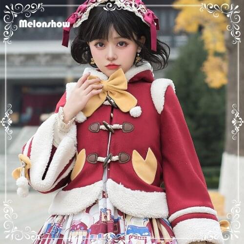 Kawaii Sweet Lolita Top Cute Cow Hooded Outerwear Bow Thickened Women Clothes Winter Coat Warm Jacket Plus Size Red Blue Beige