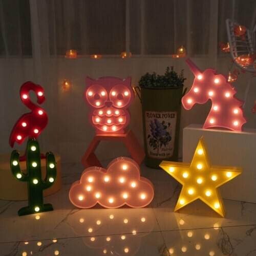 Cute LED Flamingo Unicorn Night Lights Marquee Sign Pineapple Cactus Star Luminary Wall Lamp Cartoon Animal Decor Lighting Gifts