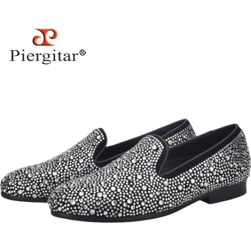 Piergitar Handwork Shining White Crystals Mens Moccasin Black Suede Slip-on Flats Party And Banquet Men Loafers Plus Size