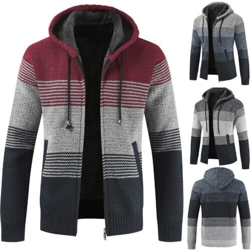 Mens Sweater Coat 2020 Autumn Winter Hooded Stripe Coat Thick Zipper Wool Sweater Cardigan Jumpers Mens Male Clothing