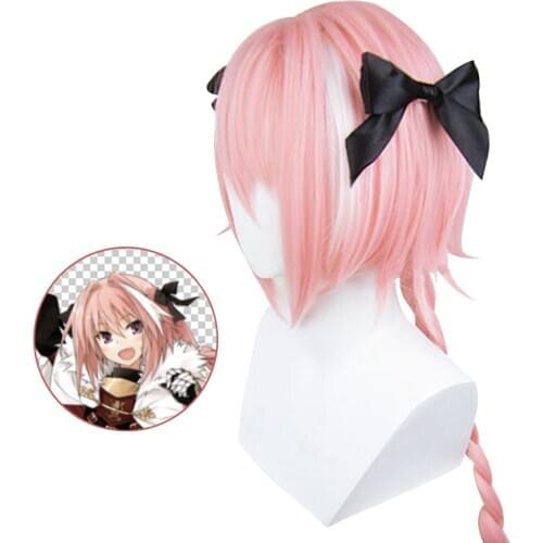 Japanese Anime Fate/Apocrypha Astolfo Cosplay Wigs Halloween Party Stage Long Pink Hair Bows Fate/Apocrypha Astolfo wigs+wig cap