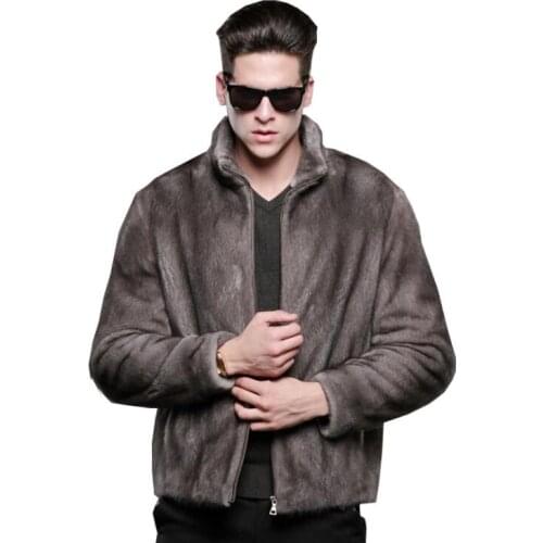 Grey fur leather jacket mens warm faux mink fur leather coat men loose jackets winter thicken jaqueta de couro stand collar