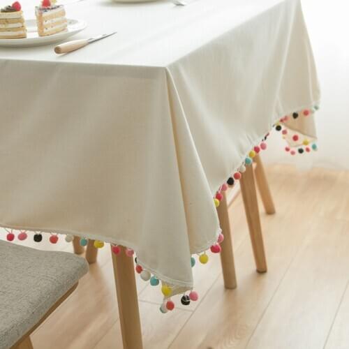 Linen Tablecloth White Tablecloth Dustproof Coffee Table Cover Colored Hair Ball manteles para mesa rectangulares en tela
