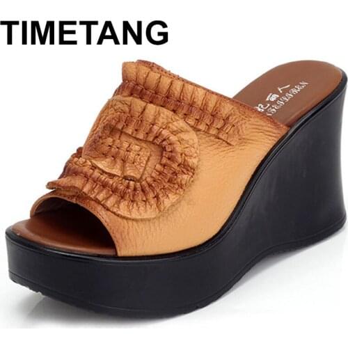 TIMETANG 2020 Genuine Leather Women Sandals Shoes Woman Summer Wedge Sandals Women Color Block Decoration Sandals Mother Shoes