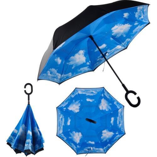 Windproof Reverse Folding Double Layer Inverted Umbrella Self Stand Inside Out Rain Protection C-Hook Hands for Women Children