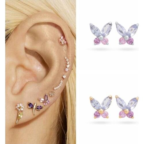 925 Silver Ear Needle Crystal Butterfly Stud Earrings for Women Cute CZ Earrings Simple Tiny Gold Color Earrings Fashion Jewelry