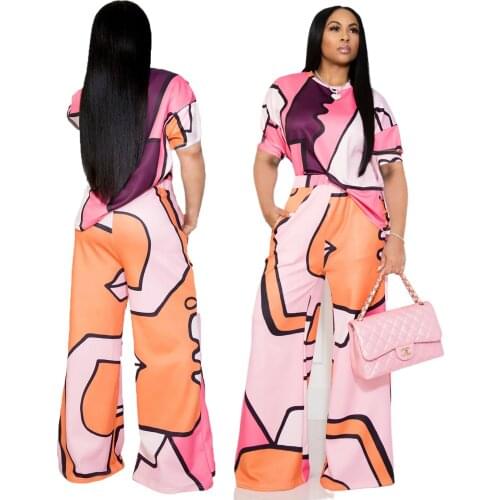 Casual Fashion Printing Ladies Two-piece Suit O-Neck Short Sleeve T-shirt High Elastic Waist Wide-leg Pants 2PC Set New Arrivals
