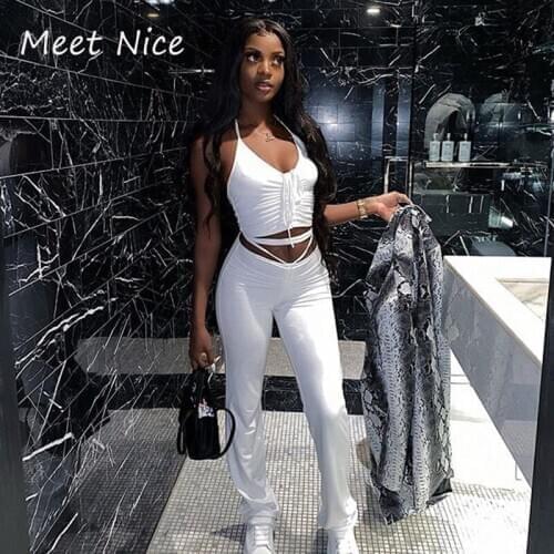 New Tracksuit Women Crop Top Long Pants Two Piece Set Summer Loungewear Sets Hollow Out Criss-Cross Sexy 2 Piece Set Clothes