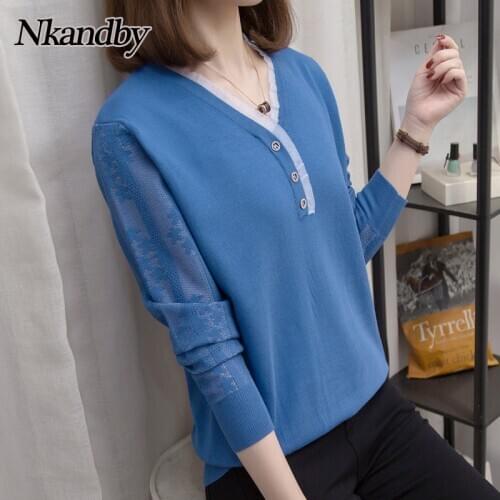 Plus Size Pullovers Sweaters Women 2020 Autumn Knitted Jumpers Oversize Fashion V-neck Lace Trim Button Loose Femme Sweater