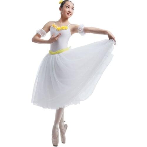 White Spandex Bodice Long Romantic Dance Dress With Flowers In Neckline Dance Costume For Adult/Child Ballet Stage Dance