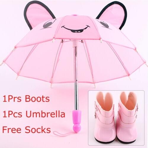 3Pcs/Set Doll Shoes Rain Boots Umbrella Socks Accessories For 18 Inch American of Girl&43Cm Baby New Born Reborn Doll Girl`s Toy