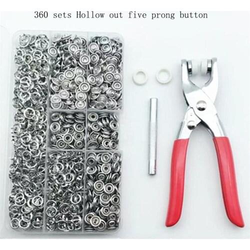 360 Sets/Batch 9.5mm Hollow Five Claw Button Stainless Steel Snap Rivet Cap And Punching Tool Pliers Set