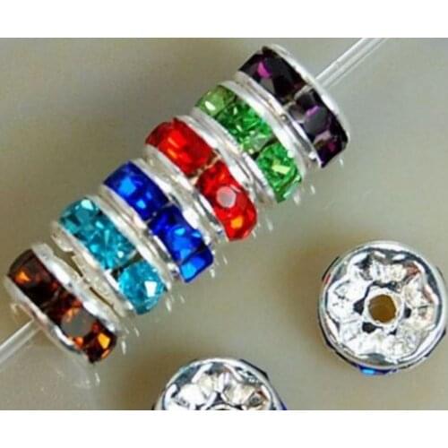 6mm 8mm 10mm 12mm N24ERR Mixed Crystal Rhinestone Metal Rondelle Spacer silver Plated DIY Loose Beads Charm Bracelet Wholesale