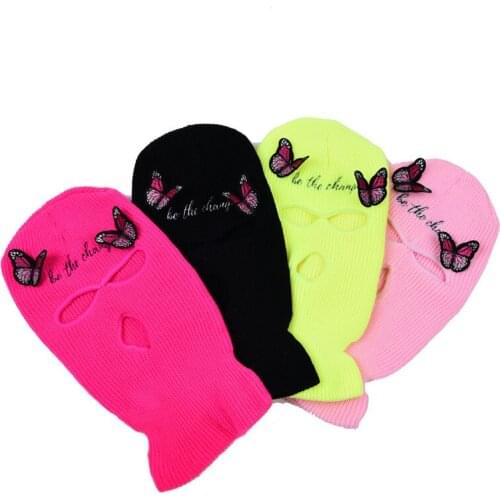Be The Change Letter Embroidery Balaclava Hat Butterfly Three Holes Keep Warm Winter Halloween Party Mask Hat Hip Hop Beanie