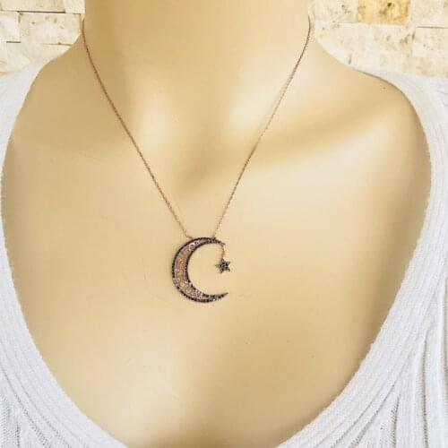 Star and Crescent 925 Sterling Silver Necklace Women Girls Gift Jewelry Accessories Fashion Handmade Elegant Chain
