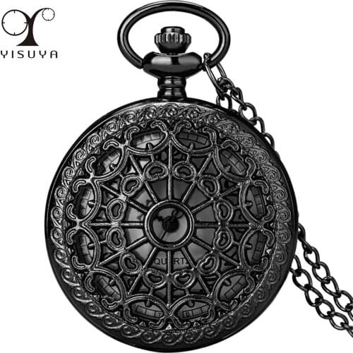 Antique Black Hollow Spider Web Quartz Pocket Watch Sweater Chain Pendant Pocket Clock Arabic Numerals White Dial Retro Watches