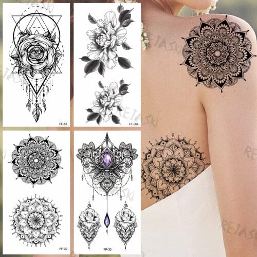 Black Mandala Flower Temporary Tattoos For Women Girls Realistic Dahlia Rose Fake Gem Tattoo Sticker Back Arm Tatoos Holiday