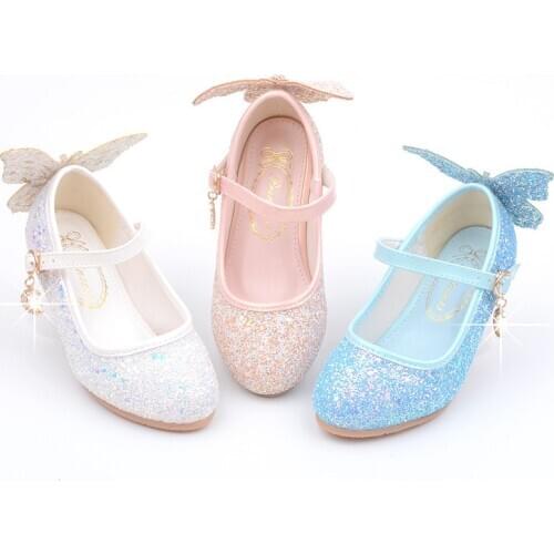 Kids Dress Shoes for Girls Children Glitter Crystal Shoes with Butterfly on The Back Tassels Fringes Rhinestone High Heeled Soft