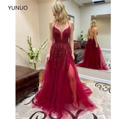 YUNUO Burgundy Lace Tulle Long Evening Dresses Prom Party Gowns vestidos de fiesta de noche A-line Embroidery Formal Dress