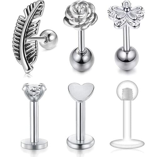 Cartilage Spiral Stud Earlobe Earrings-forward leaning pinna cartilage strips daisy flower rose feather heart design