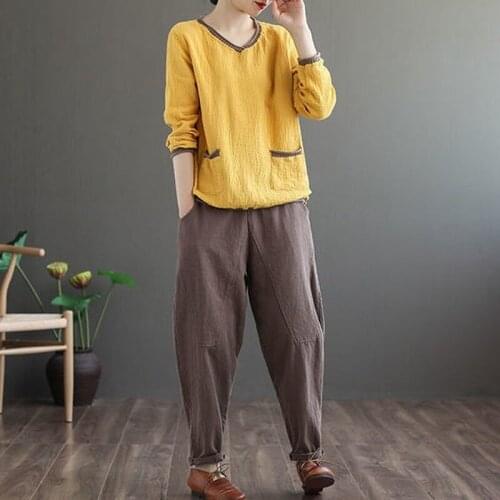 2021 Spring Autumn Women Fashion Cotton and Linen 2 Pcs Suit V-neck Top + High Waisted Trousers Loose Two-piece Set M-4XL