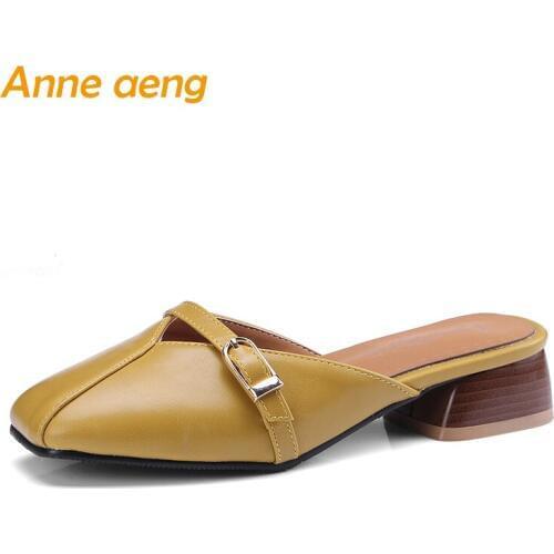 Summer women slippers low hoof heels slides shoes sweet elegant ladies mules outside slippers yellow woman shoes big size 33-46