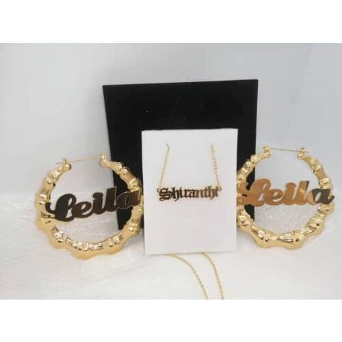 Name Earrings and Necklace Set Old English Necklace Round Bamboo Earring Custom Bamboo HoopLetter Personalised Name Earring Set