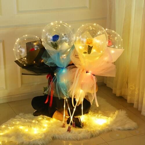 LED Rose Flower Balloon Set Glow Artificial Flowers Bouquet Transparent Bobo Ball Balloons Valentines' Day Wedding Party Decor