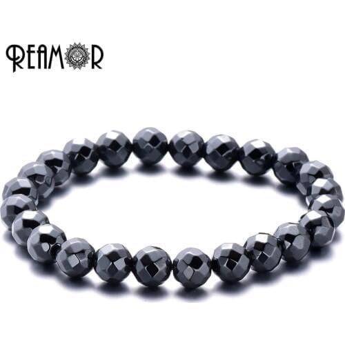 REAMOR 5pcs/lot Black/Brown/Gray Faceted Hematite Bead Bracelet Natural Stone Beaded Bracelets for Men & Women Fashion Jewelry