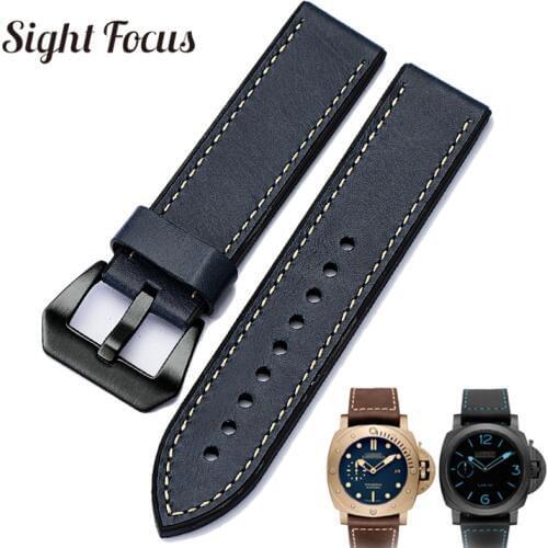 20 22 24 26mm High Quality Leather Rubber Lining Watch Band for Panerai Strap Men Brushed Tang Buckle Watch Belt Wrist Bracelet