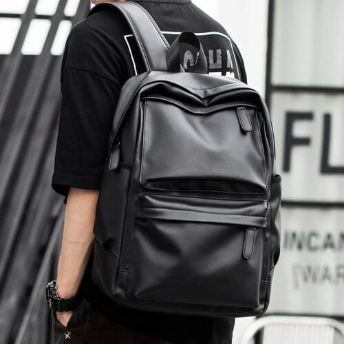 Black Soft Leather PU Mens Backpack Simple Casual Student Schoolbag Large Capacity Travel Laptop Daypack Trendy 2021