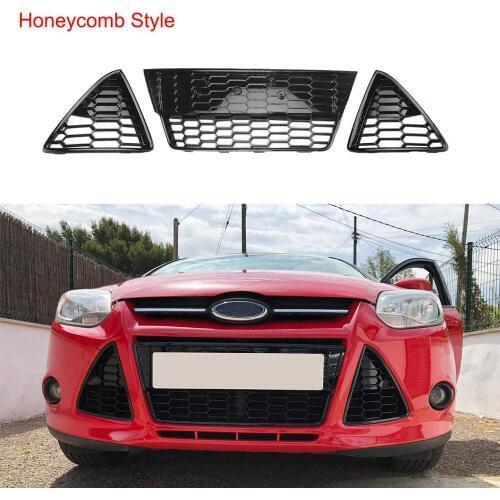 HoneyComb Bright Black Front Lower Left Right Bumper Grille Cover For Ford Focus 3 2012 2013 2014