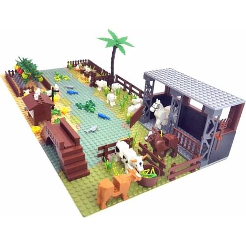 Farm Animals Building Blocks Compatible City Friends MOC Mini Bricks DIY Toys Hobbies Bird Horse Cow Frog Sheep with 2 Baseplate