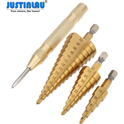 JUSTINLAU 3Pcs HSS Titanium coated Step Drill Bits 4-12/4-20/4-32mm with 4mm Automatic Center Pin Punch