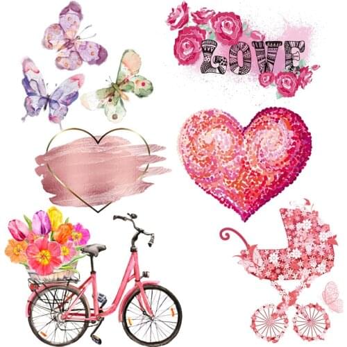 Iron-on Pink Heart Flowers Patches For T-shirt Clothes Cartoon Animal Butterfly Heat Thermal Transfer For Clothing Stickers DIY