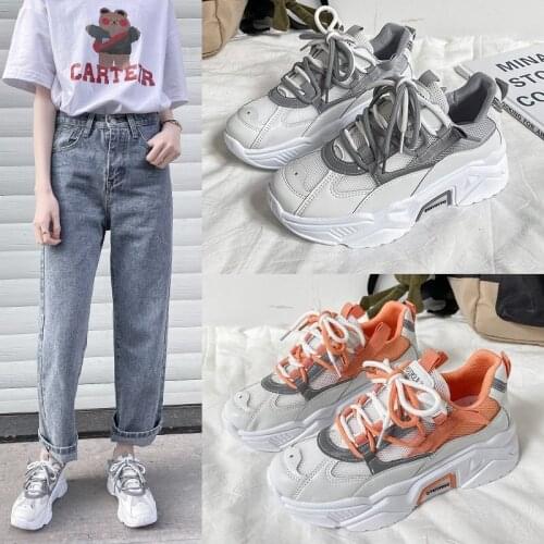 Father Shoes Female 2021 Spring Summer New Thick Sole Net Surface Small White Shoe Recreational Running Shoes Womens Shoe