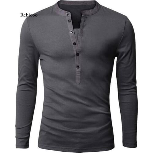 Unique T shirt Men Brand Single Breasted V Neck Long Sleeve Shirt European Fashion Dark Gray Tee Shirt Men T-shirt XXL