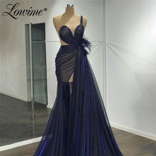 Feather Navy Blue Spaghetti Strap Party Dress 2021 Custom High Split Side Long Sexy Prom Dresses Plus Size Arabic Evening Gowns