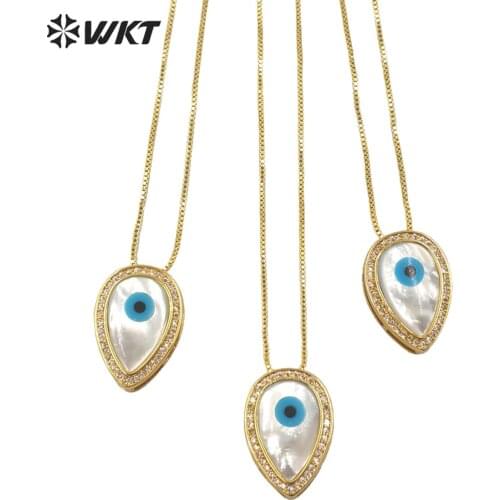 WT-MN972 WKT Elegant gold teardrop micropave CZ setting pearl shape evil eye necklace with adjustable box chain
