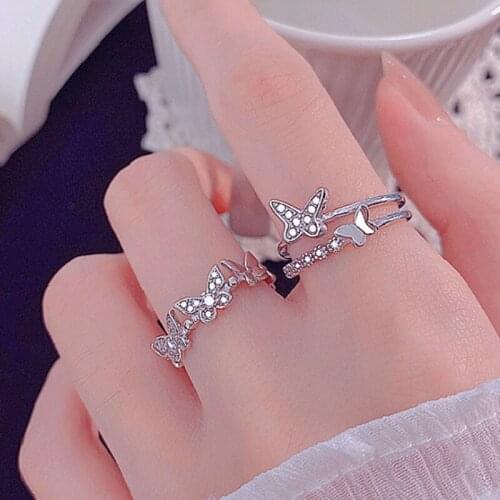 2021 Korean Sweet Crystal Butterfly Rings Geometric Midi Rings For Women Jewelry Gifts For Women Fashion Butterfly Jewelry