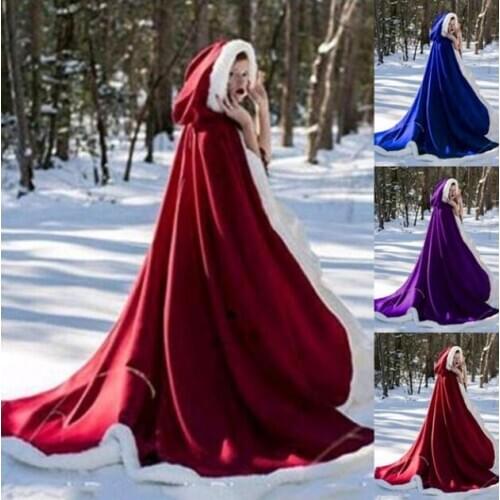 Womens Hooded Satin Faux Fur Trim Winter Wedding Long Cloak Cathedral Cape